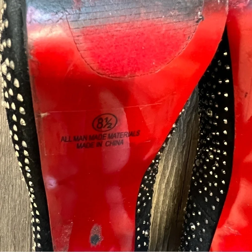 Alba Red Sole Black Suede Silver Rhinestone Platform Stiletto High Heels 8.5